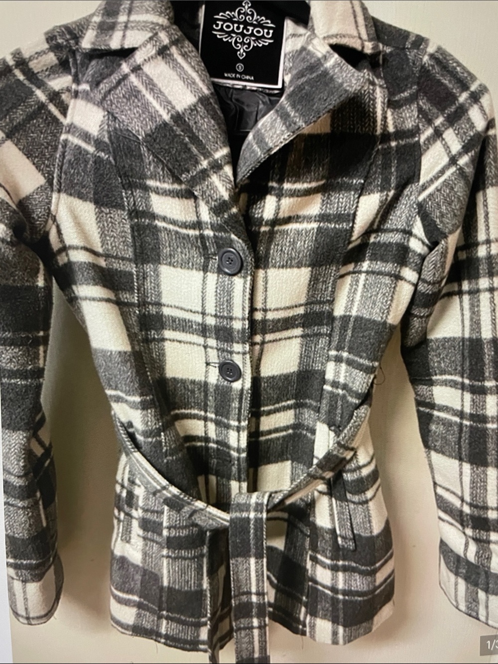 Jou Jou Black and Cream Plaid Belted Coat